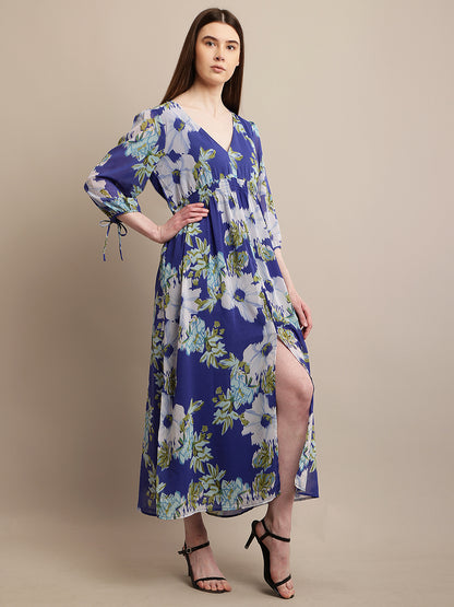 Polyester V-neck with Full Sleeve Flower Printed Blue Dress