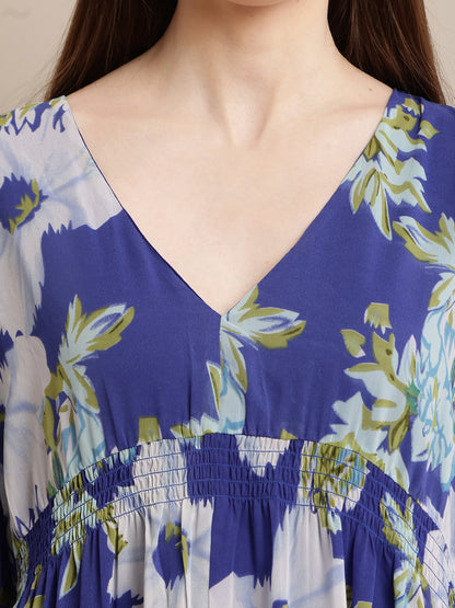 Polyester V-neck with Full Sleeve Flower Printed Blue Dress