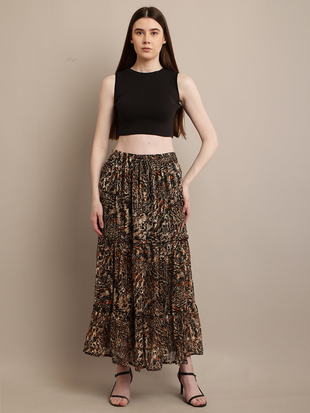 Polyester Elastic waist Animal Print Pleated Flared Skirt