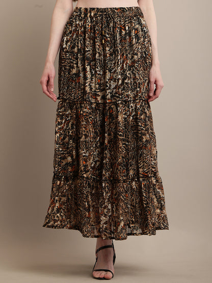 Polyester Elastic waist Animal Print Pleated Flared Skirt