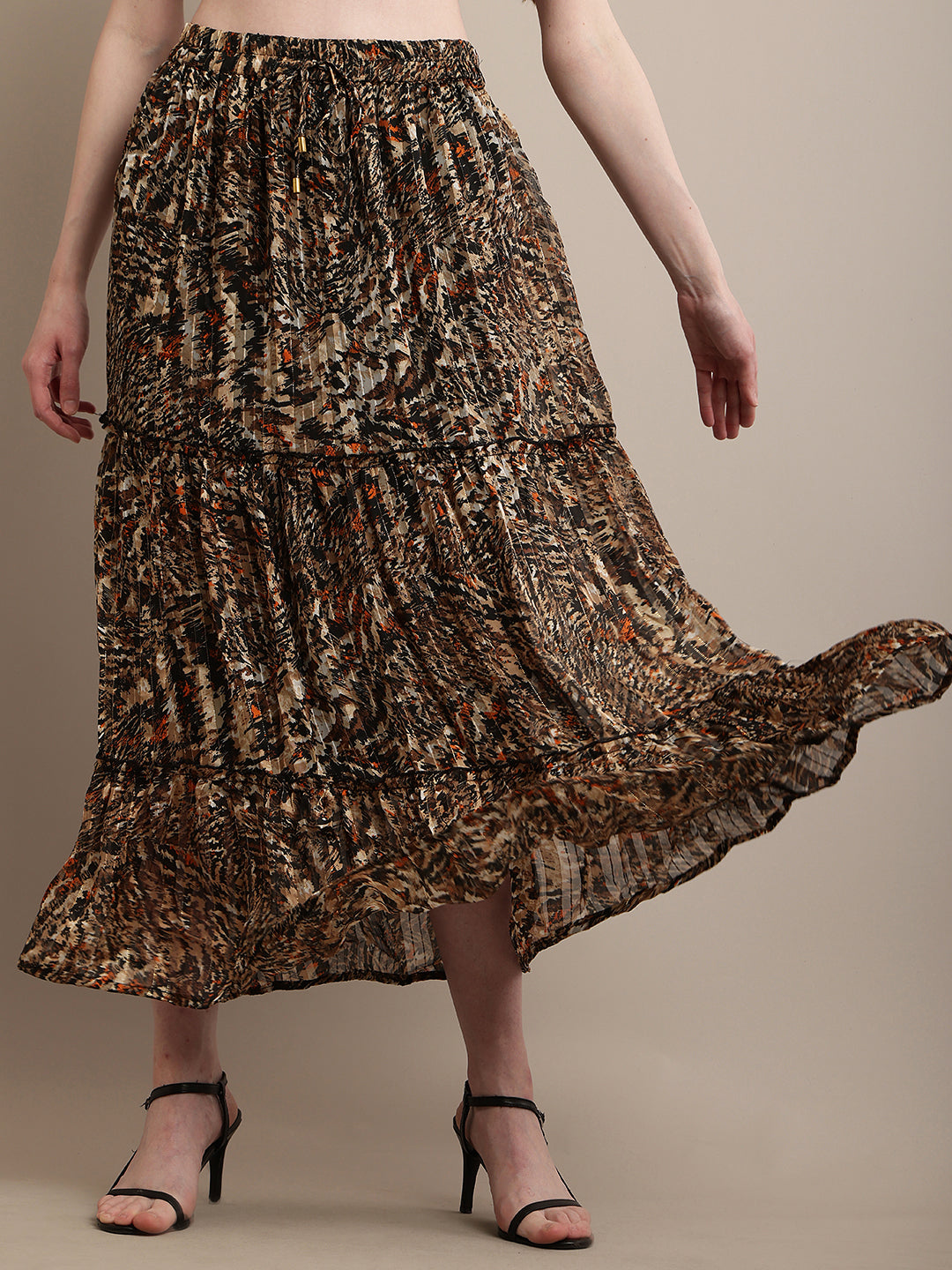 Polyester Elastic waist Animal Print Pleated Flared Skirt