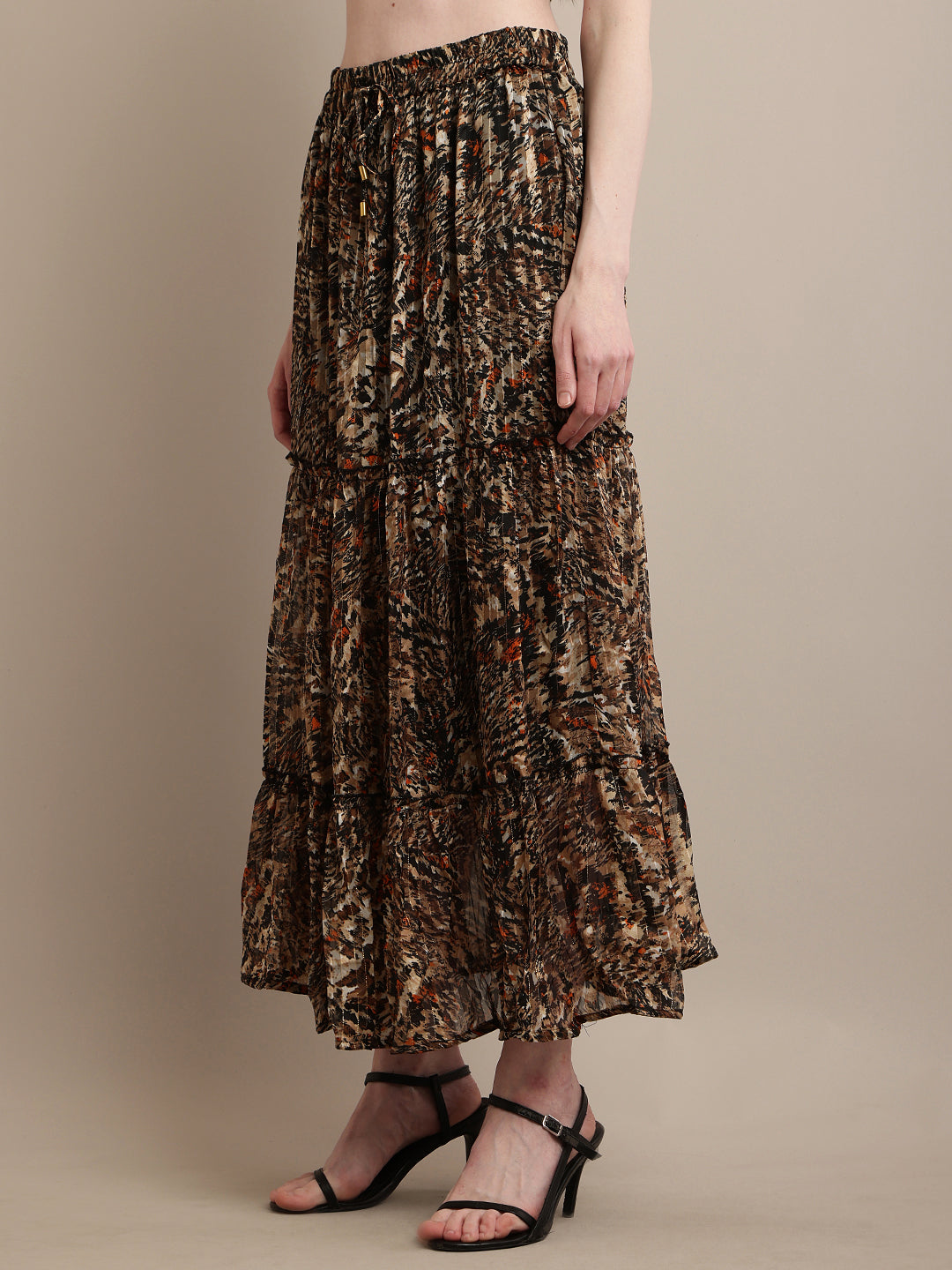 Polyester Elastic waist Animal Print Pleated Flared Skirt