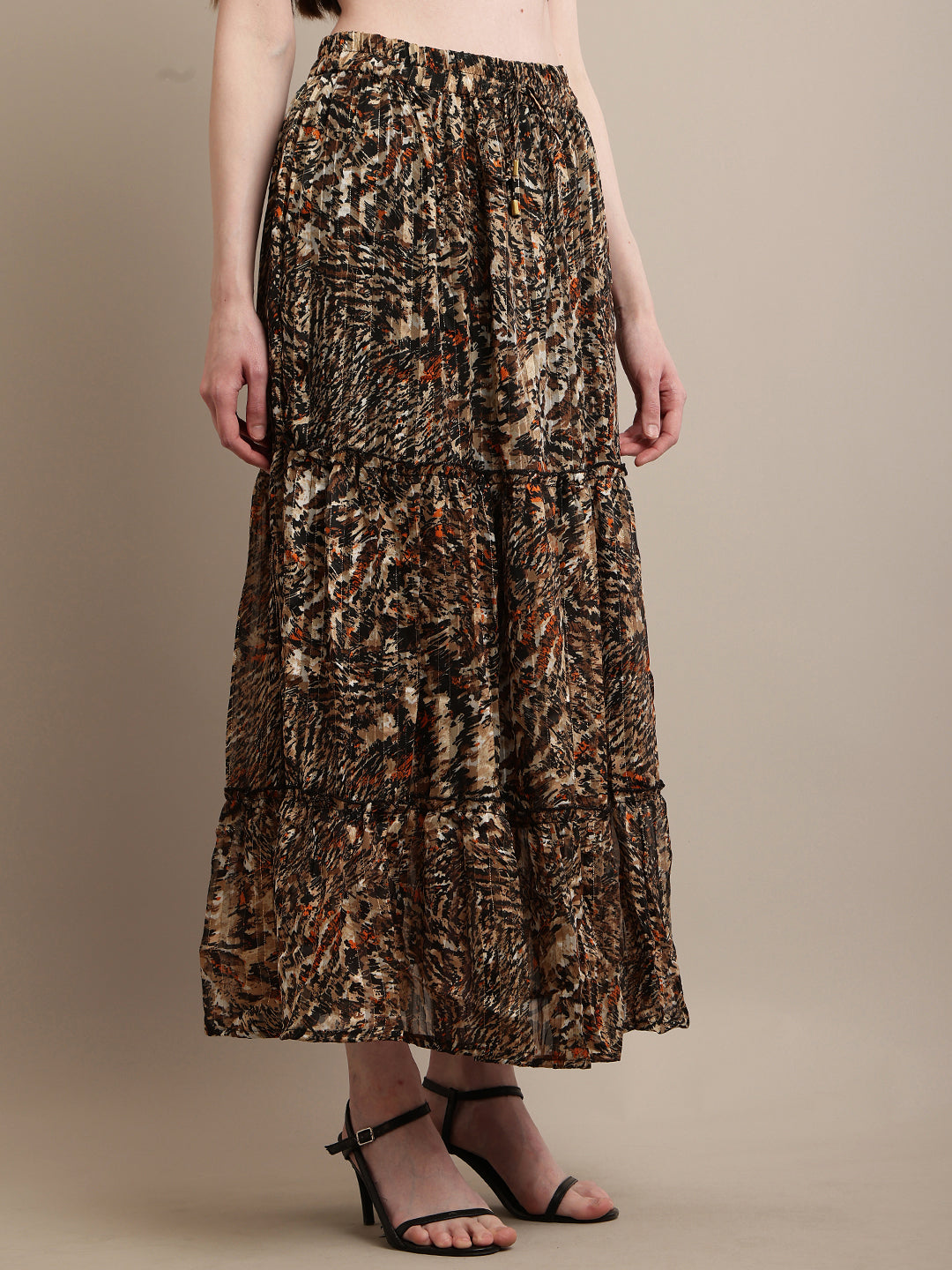 Polyester Elastic waist Animal Print Pleated Flared Skirt