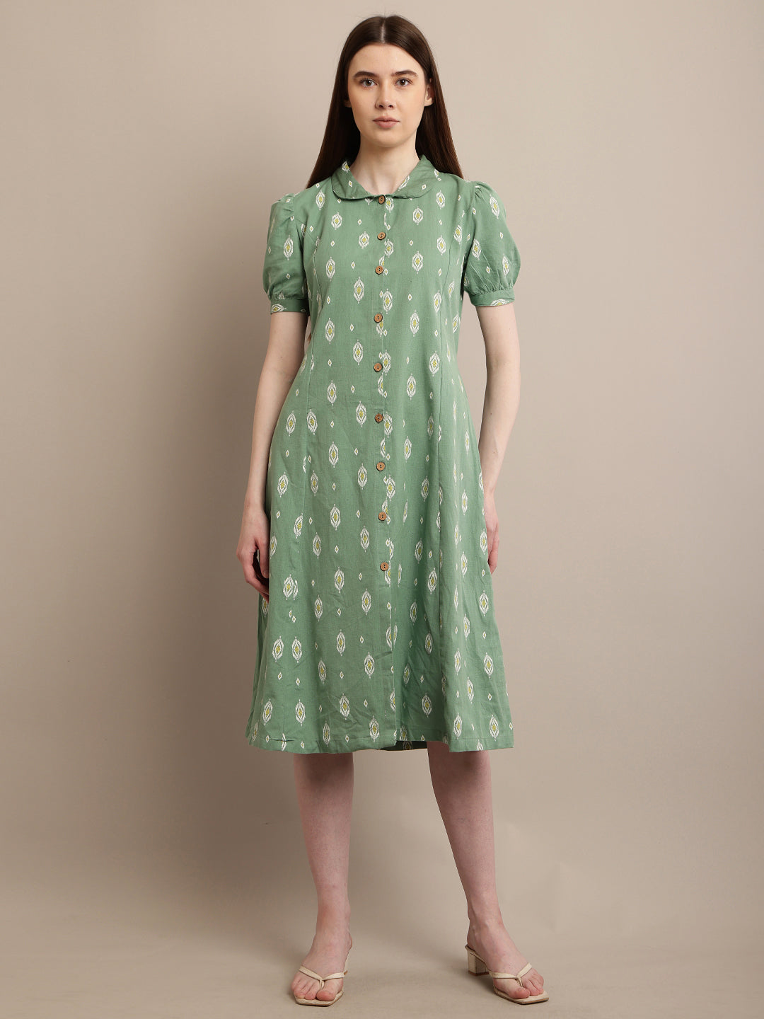 Cotton Puff Half Sleeve with collar Neck Sea Green Dress