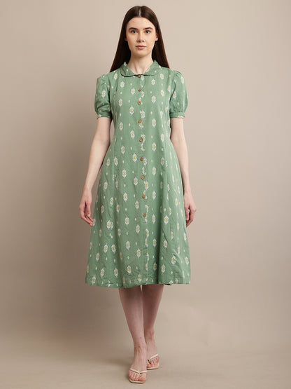 Cotton Puff Half Sleeve with collar Neck Sea Green Dress