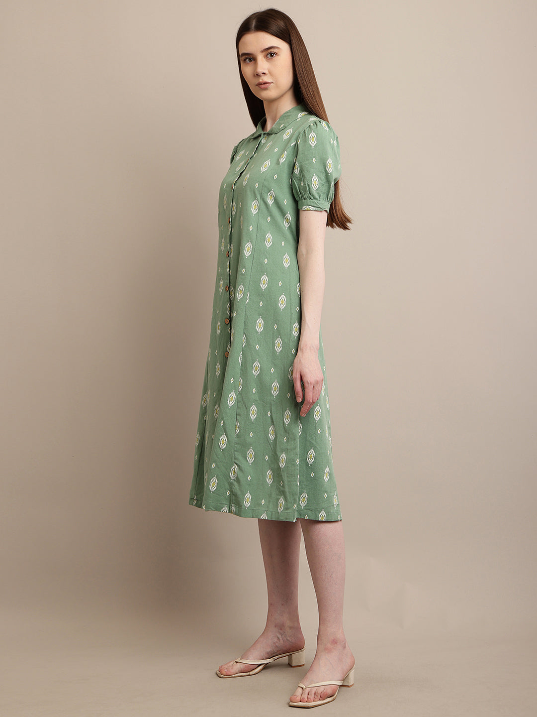 Cotton Puff Half Sleeve with collar Neck Sea Green Dress