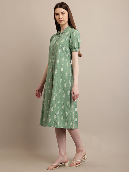 Cotton Puff Half Sleeve with collar Neck Sea Green Dress