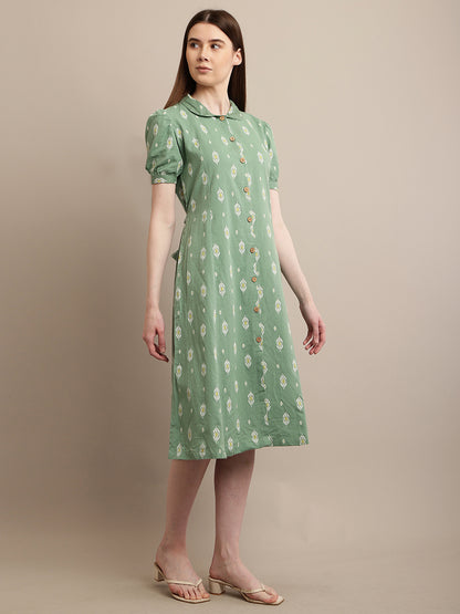 Cotton Puff Half Sleeve with collar Neck Sea Green Dress