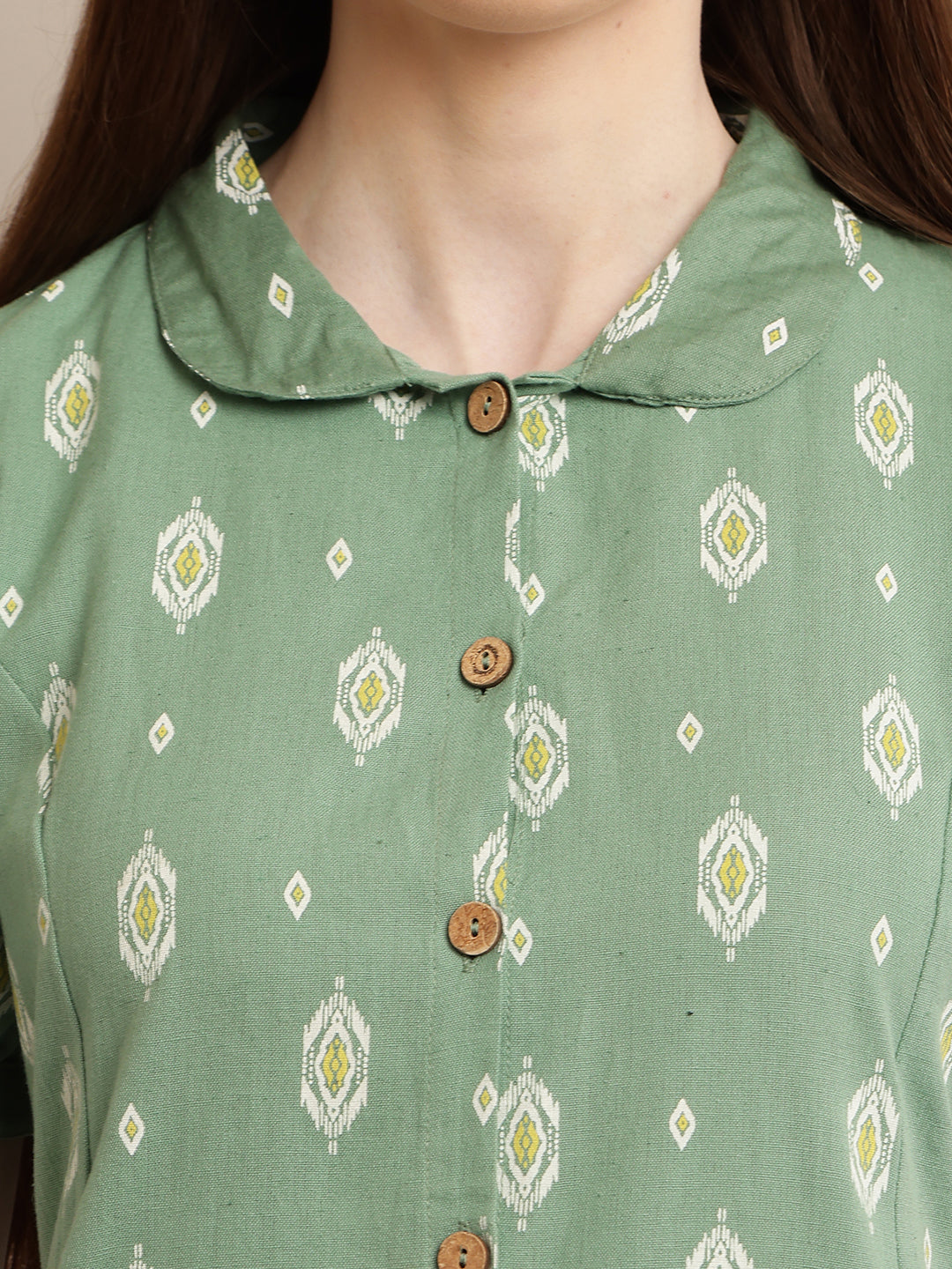 Cotton Puff Half Sleeve with collar Neck Sea Green Dress