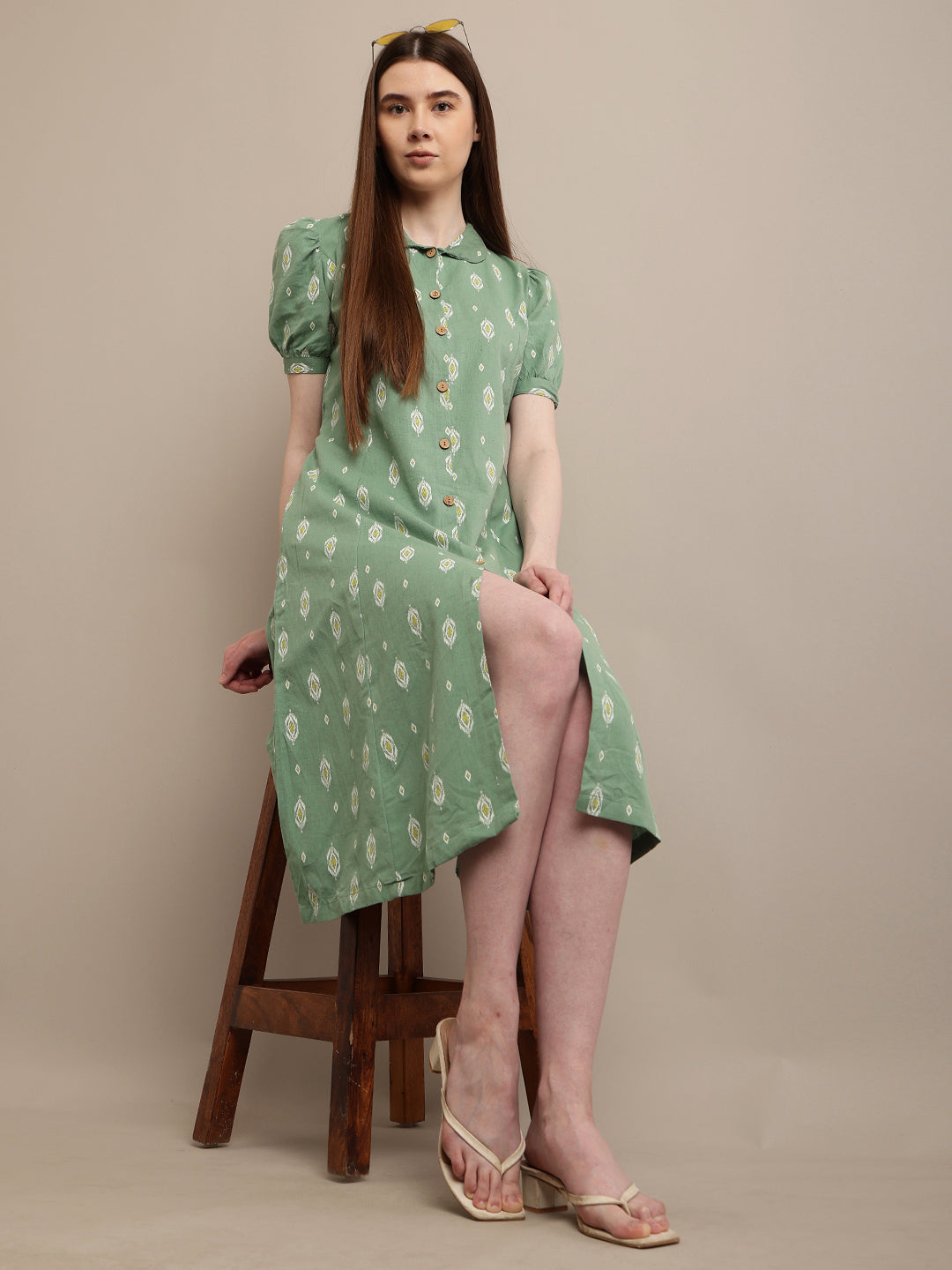 Cotton Puff Half Sleeve with collar Neck Sea Green Dress