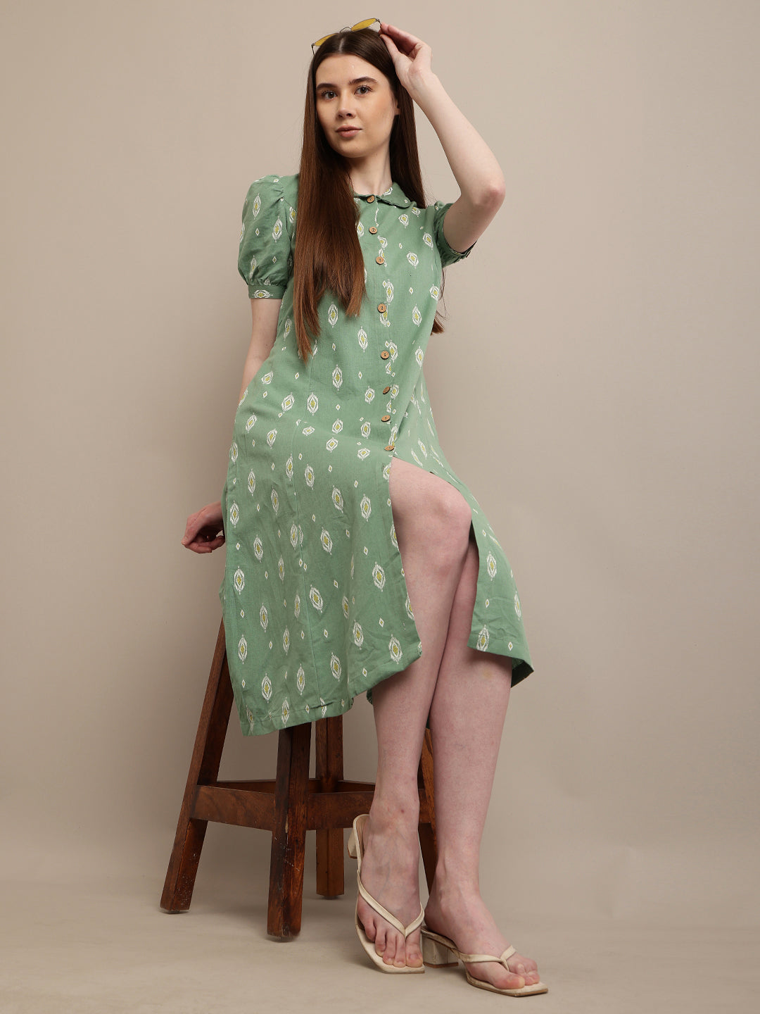 Cotton Puff Half Sleeve with collar Neck Sea Green Dress