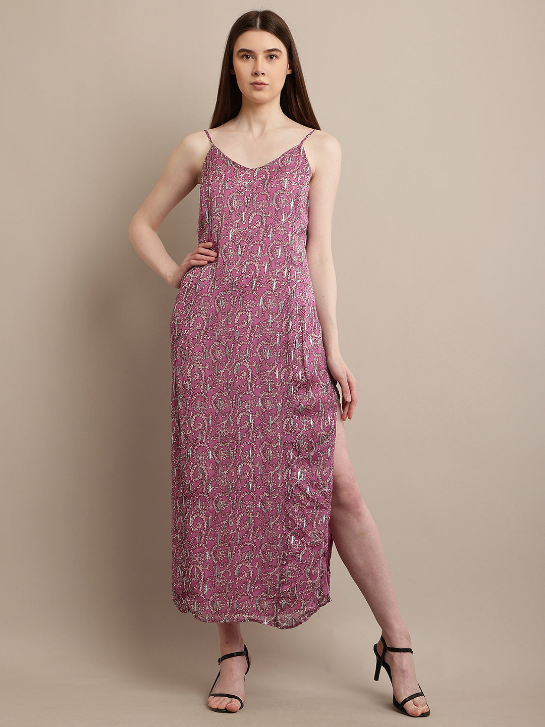 Viscose V-Neck with sleeveless Flower Print Purple Dress