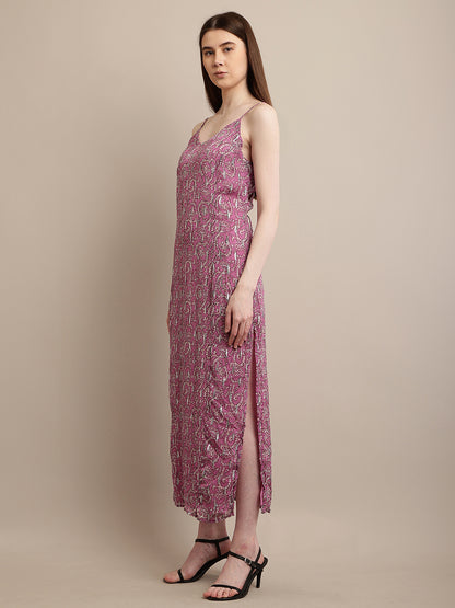 Viscose V-Neck with sleeveless Flower Print Purple Dress