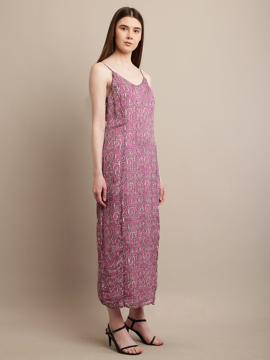 Viscose V-Neck with sleeveless Flower Print Purple Dress