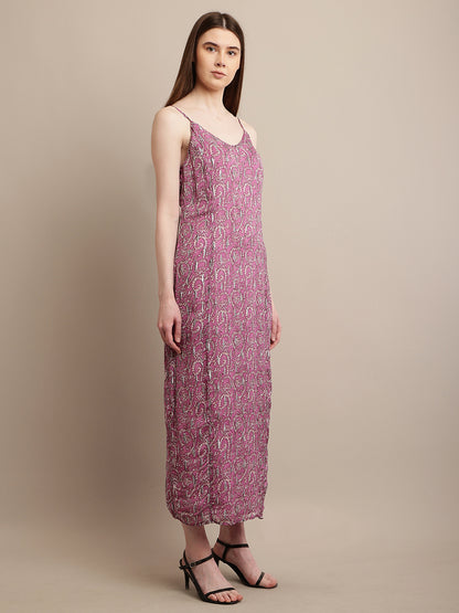 Viscose V-Neck with sleeveless Flower Print Purple Dress