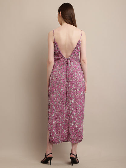 Viscose V-Neck with sleeveless Flower Print Purple Dress