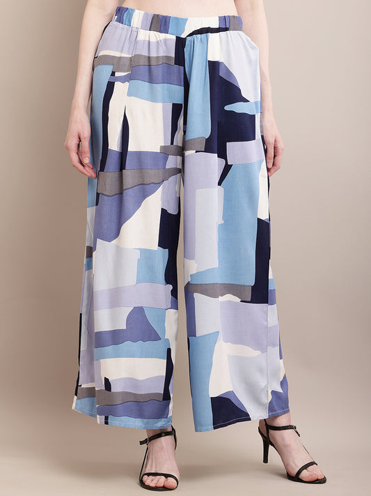 Rayon Printed Blue with Elasticated Waist Flared Palazzos