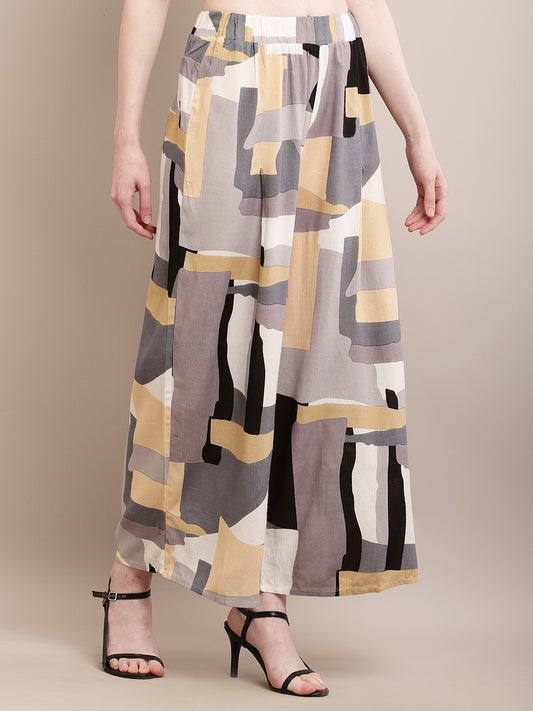 Rayon Printed Grey with Elasticated Waist Flared Palazzos