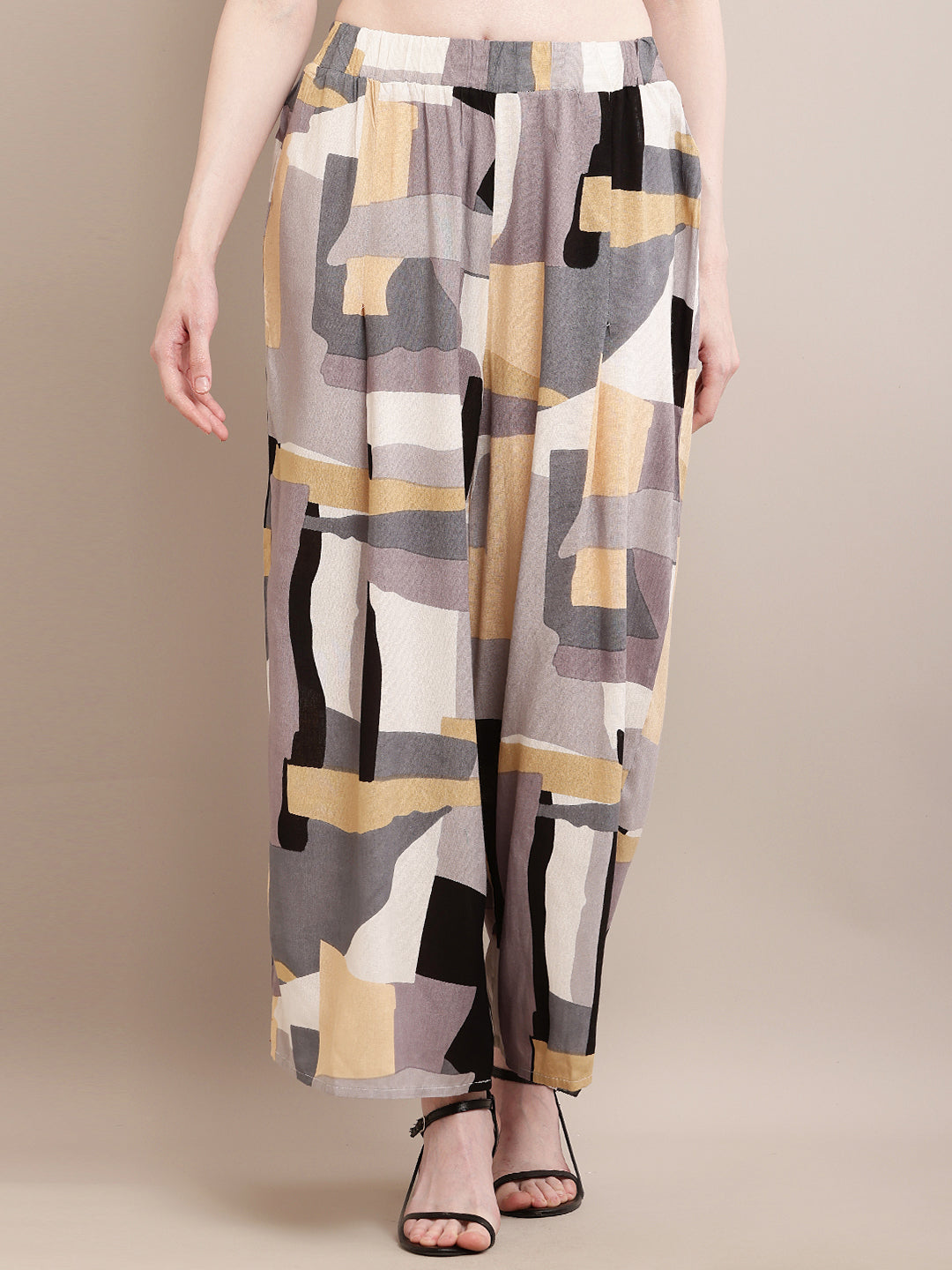 Rayon Printed Grey with Elasticated Waist Flared Palazzos