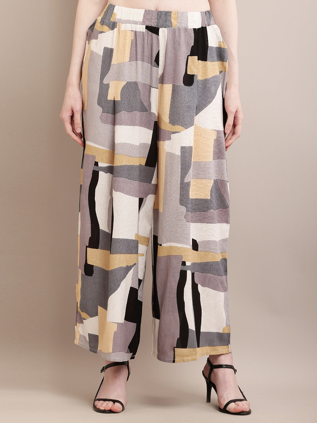 Rayon Printed Grey with Elasticated Waist Flared Palazzos