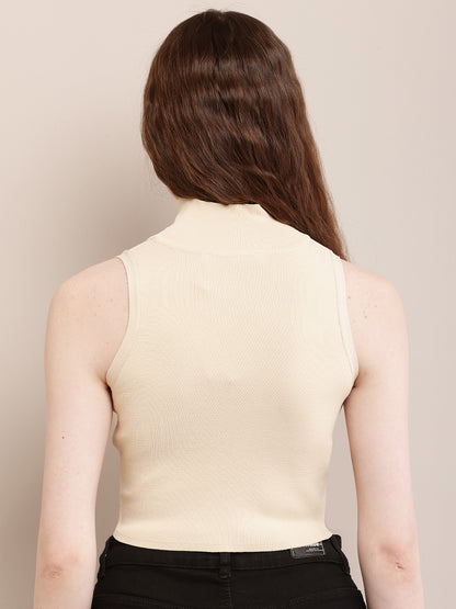 Viscose Mock neck With Sleeveless Fitting Knit Cream Vest Tank Top