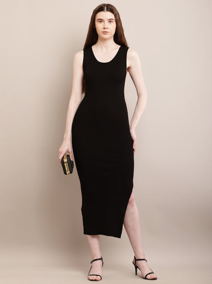 Viscose Sleeveless with round neck Black Front Slit Long Bodycon Dress