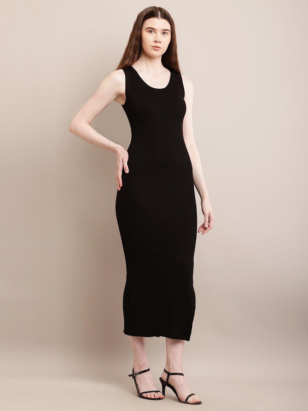 Viscose Sleeveless with round neck Black Front Slit Long Bodycon Dress