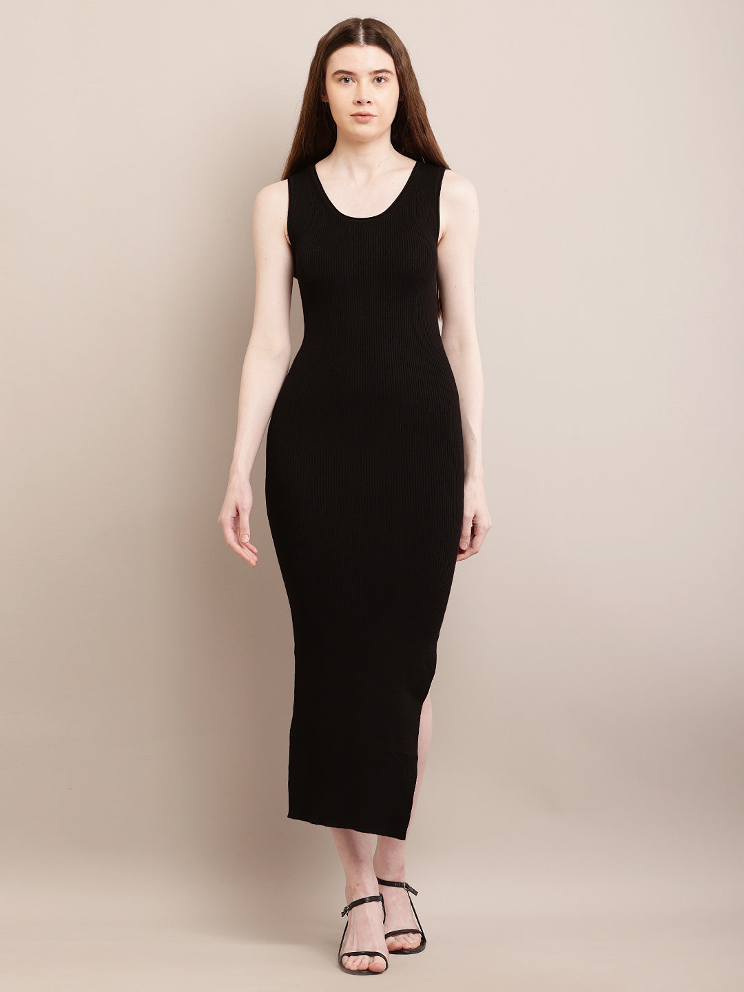 Viscose Sleeveless with round neck Black Front Slit Long Bodycon Dress