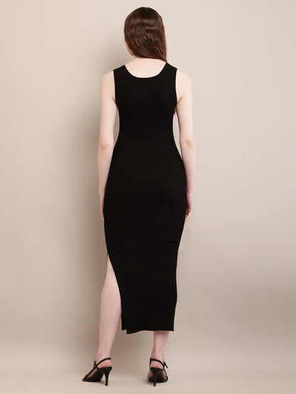 Viscose Sleeveless with round neck Black Front Slit Long Bodycon Dress