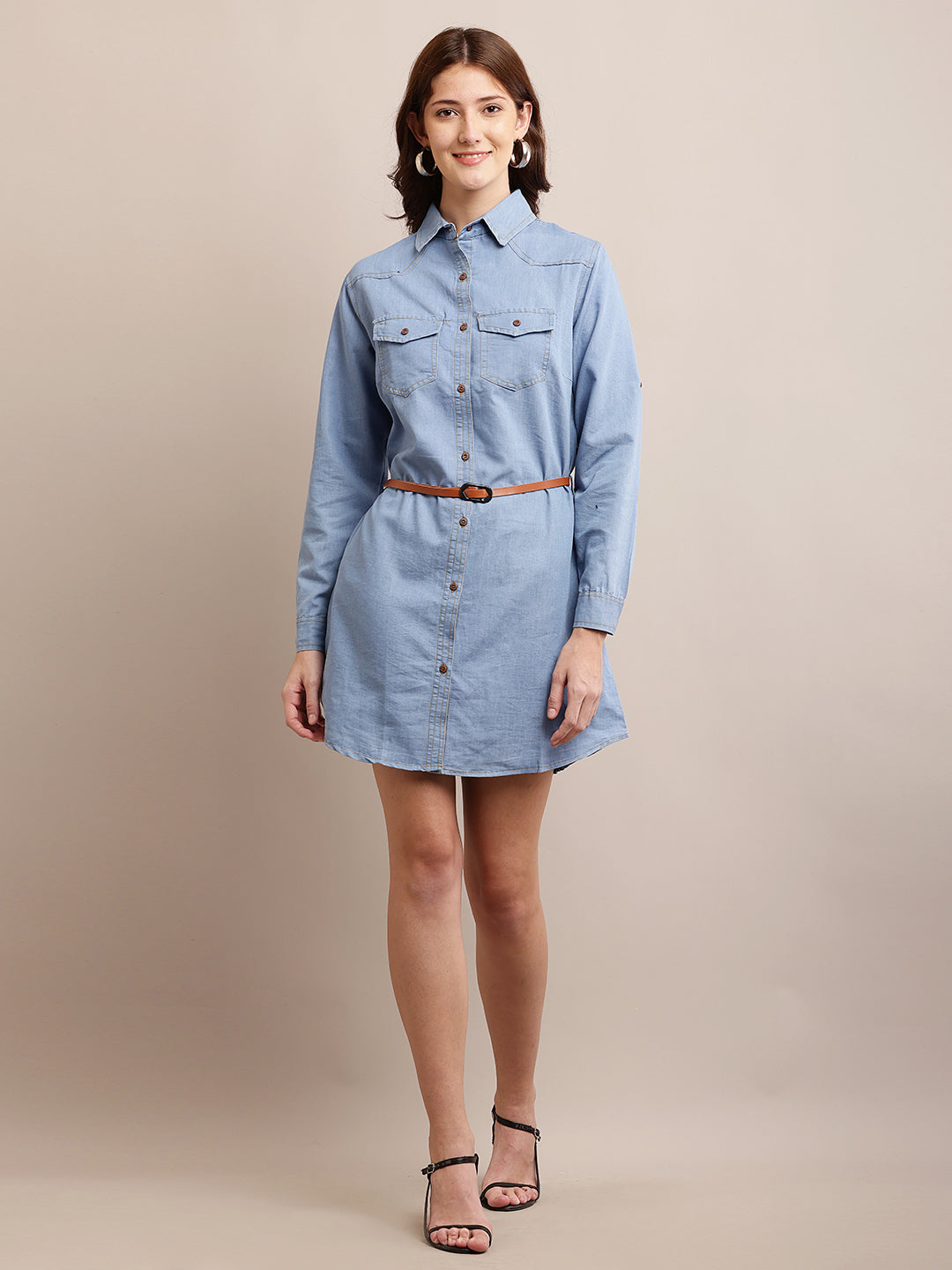 Blue Solid Shirt Denim cotton Dress