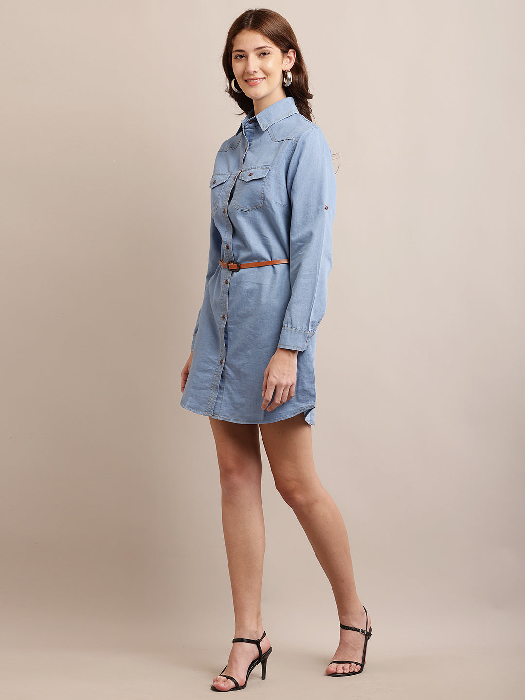 Blue Solid Shirt Denim cotton Dress