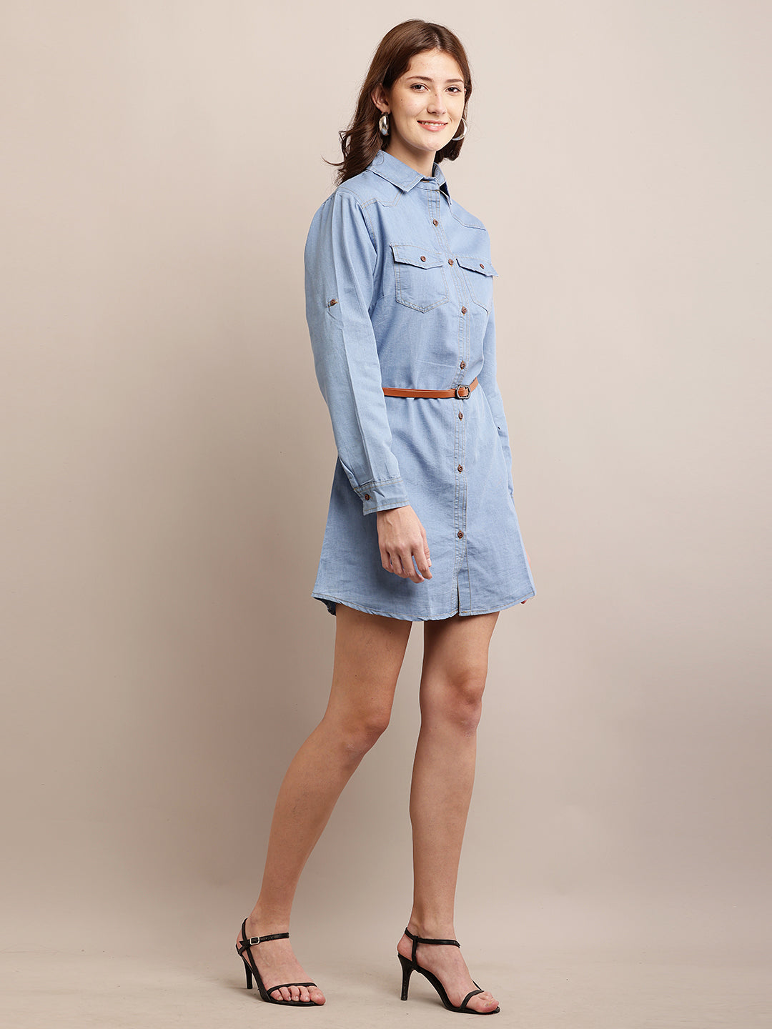 Blue Solid Shirt Denim cotton Dress