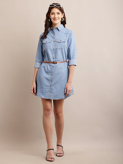 Blue Solid Shirt Denim cotton Dress