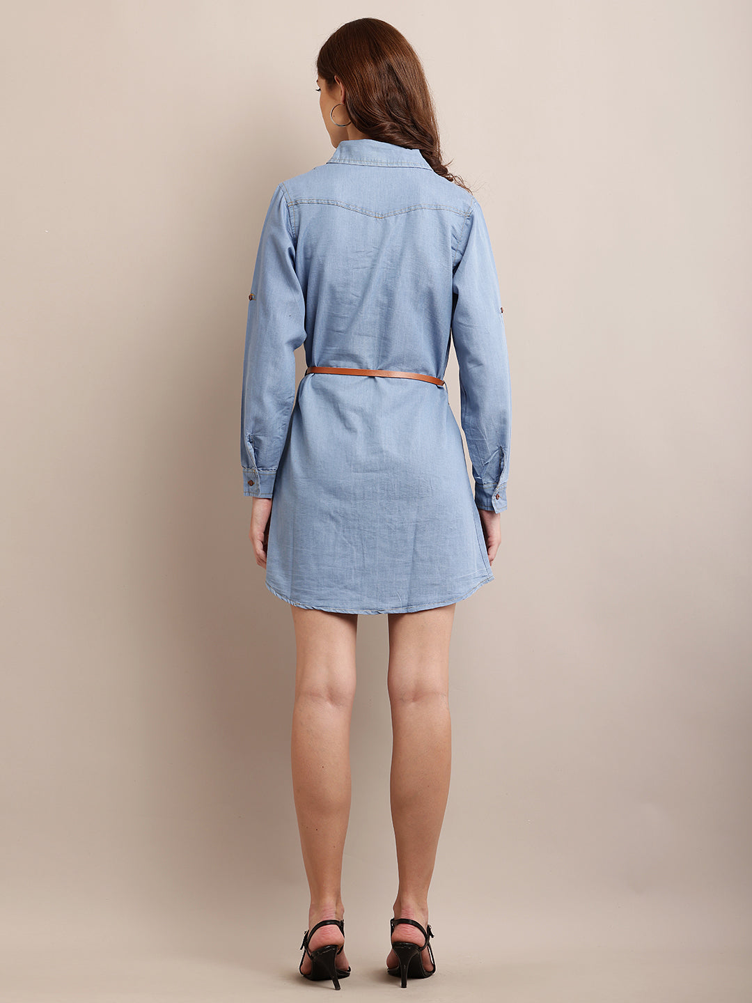 Blue Solid Shirt Denim cotton Dress