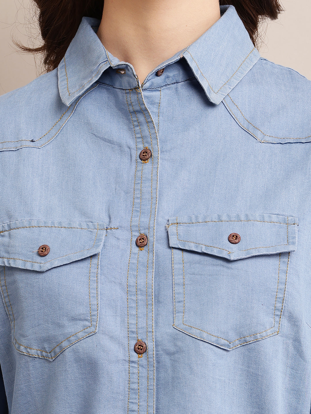 Blue Solid Shirt Denim cotton Dress