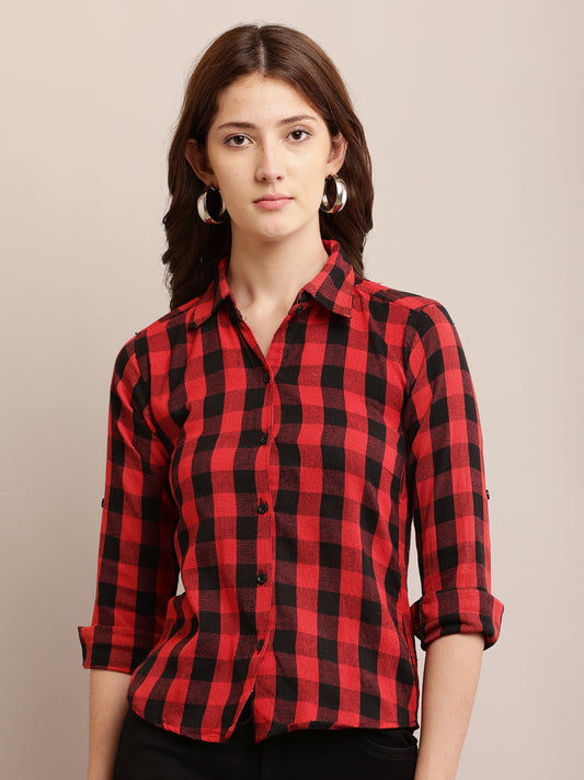 Viscose Elegant Red and Black Checked Shirt