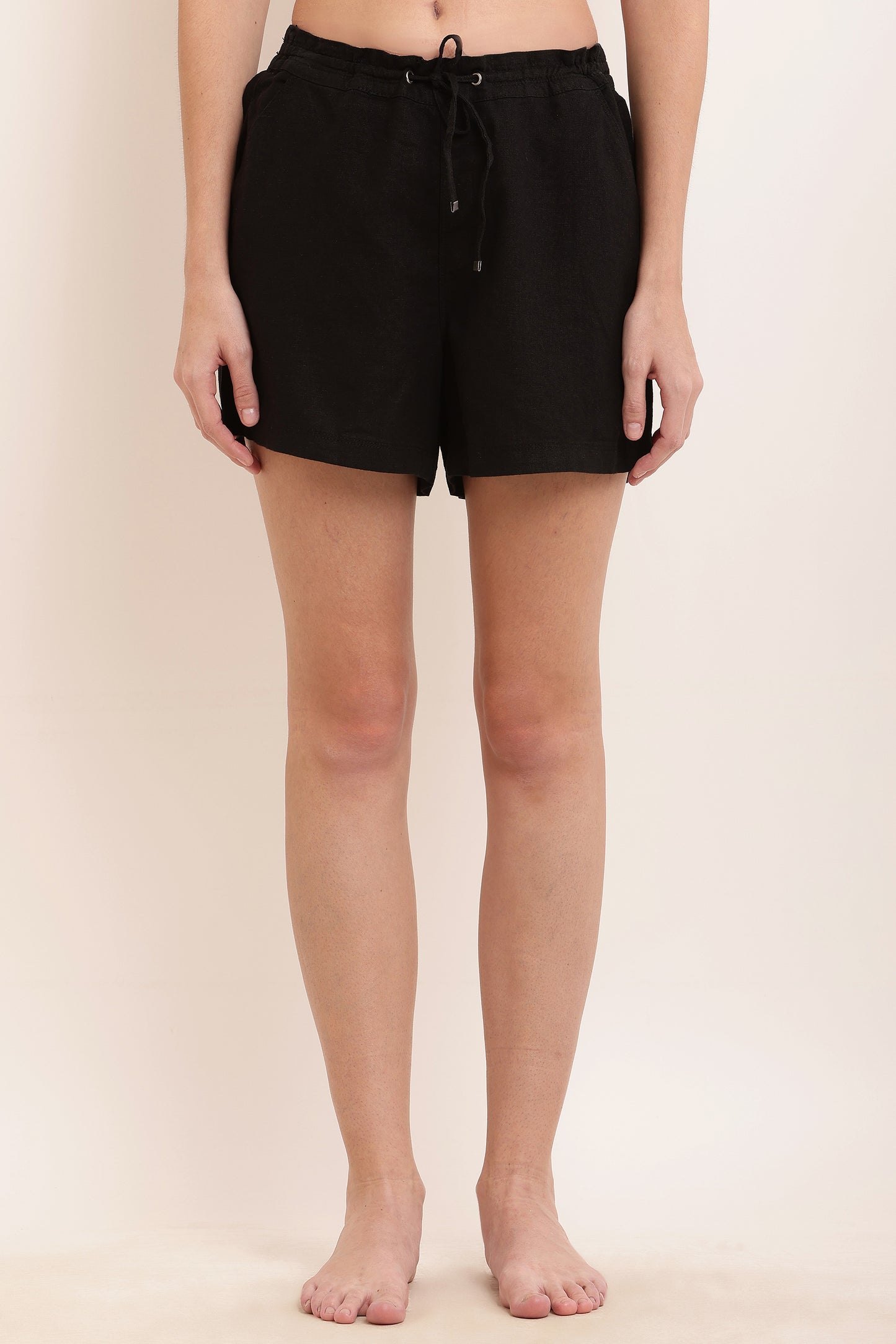 Linen Comfort Fit Shorts Basic Mini Length Black Short