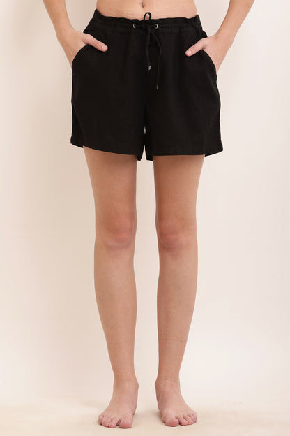 Linen Comfort Fit Shorts Basic Mini Length Black Short