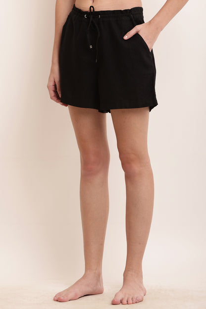 Linen Comfort Fit Shorts Basic Mini Length Black Short