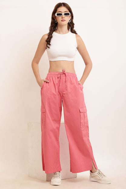 Cotton High Rise Baggy Cargo Pant Rose Pink