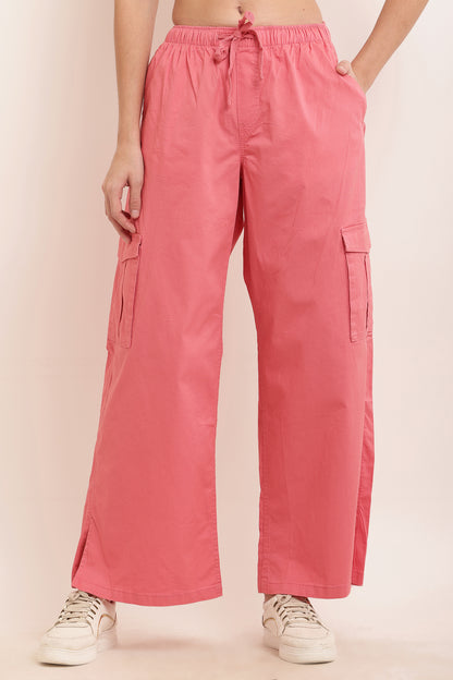 Cotton High Rise Baggy Cargo Pant Rose Pink