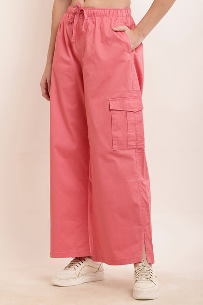 Cotton High Rise Baggy Cargo Pant Rose Pink