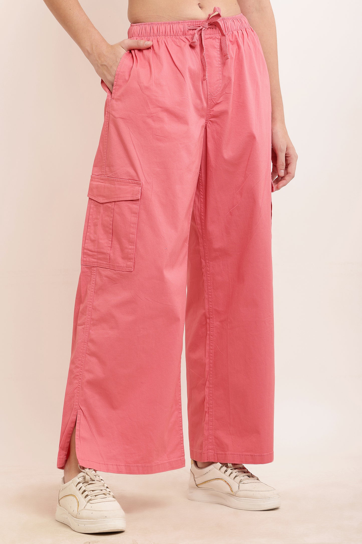 Cotton High Rise Baggy Cargo Pant Rose Pink