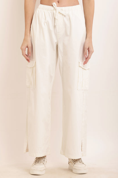 Cotton High Rise Baggy Cargo Pant White