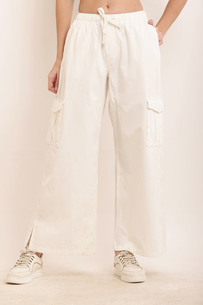 Cotton High Rise Baggy Cargo Pant White