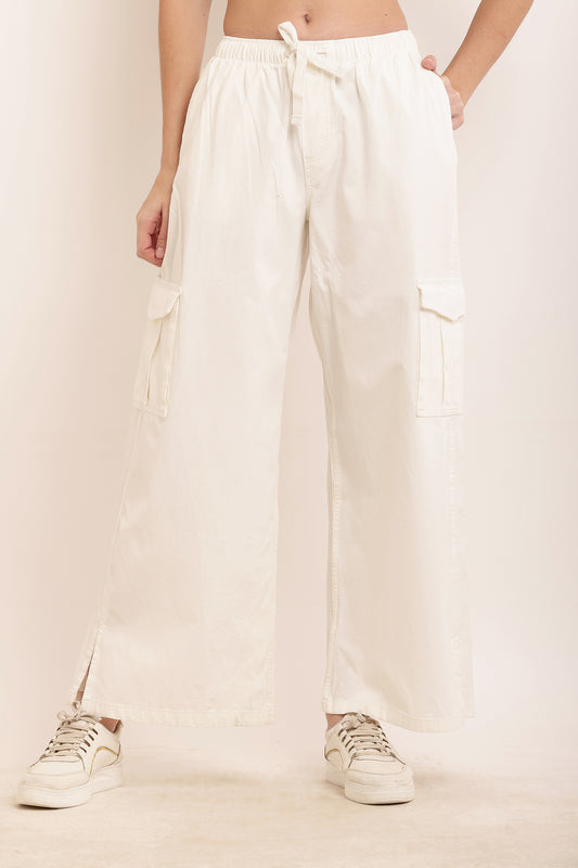 Cotton High Rise Baggy Cargo Pant White