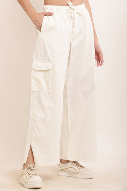 Cotton High Rise Baggy Cargo Pant White