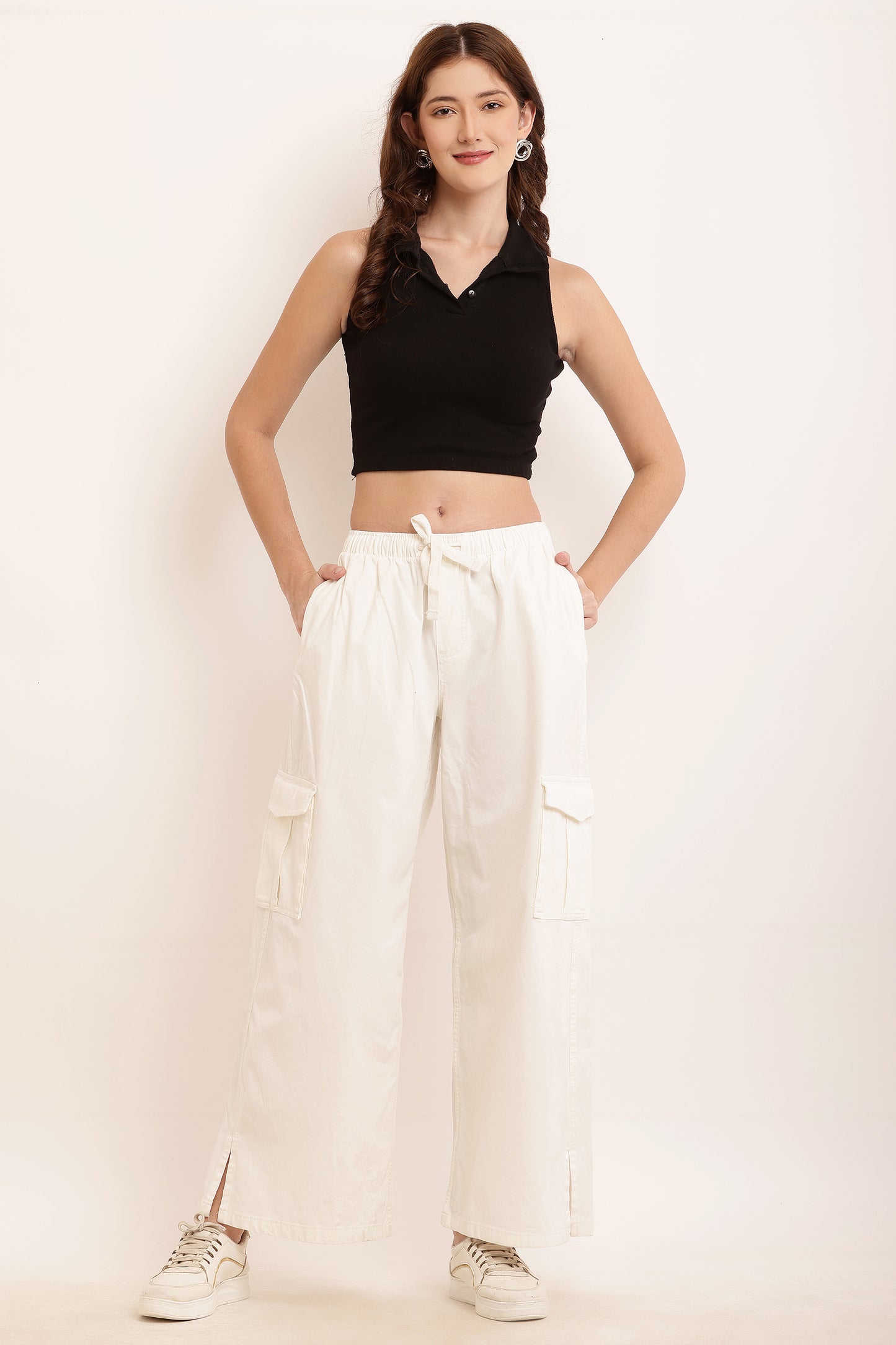 Cotton High Rise Baggy Cargo Pant White