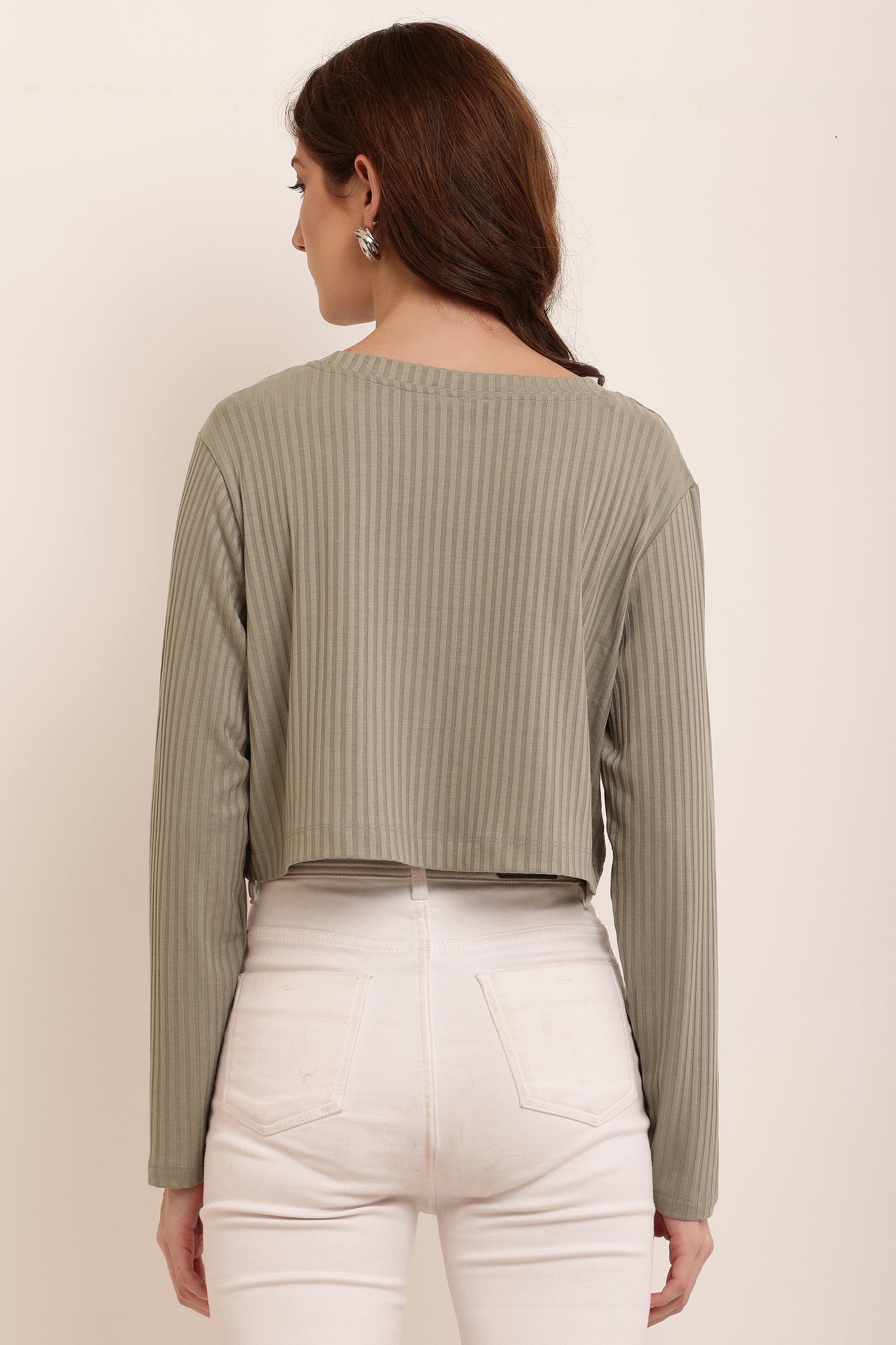 Cotton Full Sleeve with Round Neck Dark khaki Green Crop Top