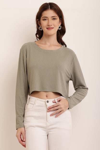 Cotton Full Sleeve with Round Neck Dark khaki Green Crop Top